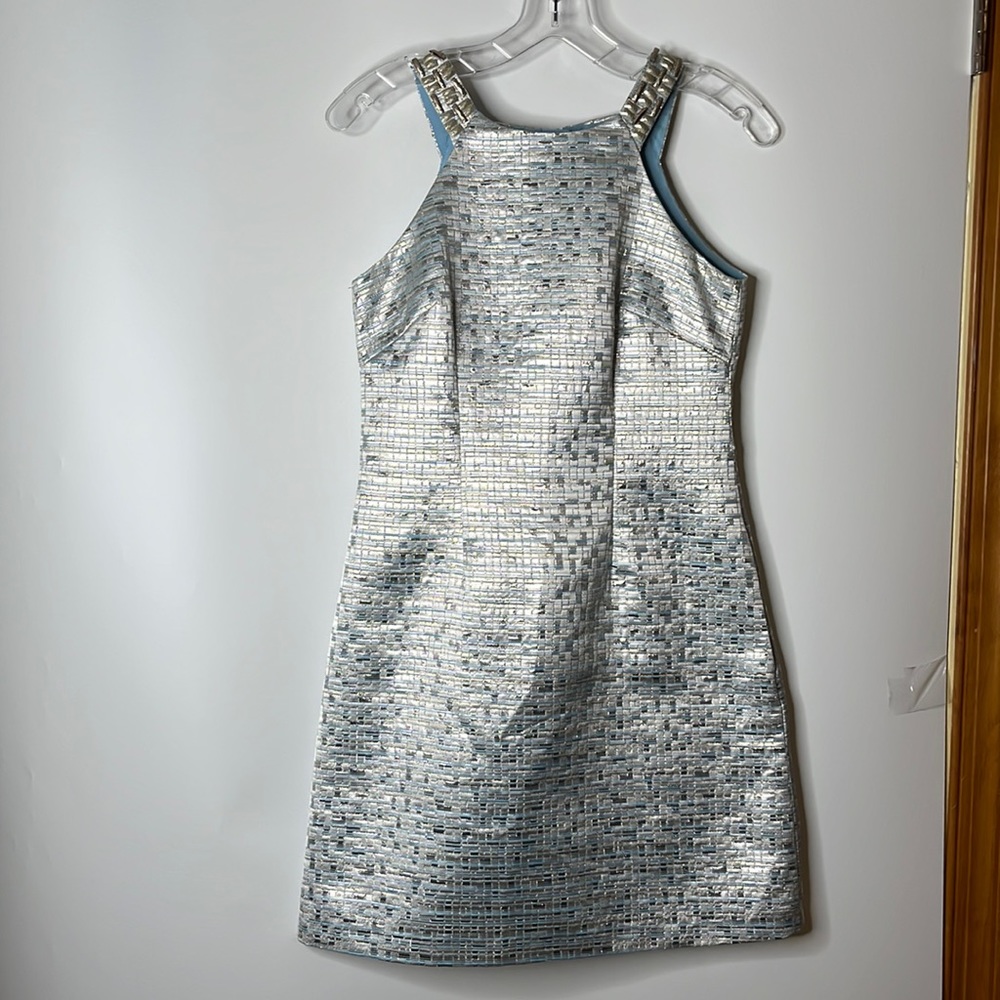 Aiden Mattox Womens Sheath Dress blue Adornments Sleeveless silver Size 2